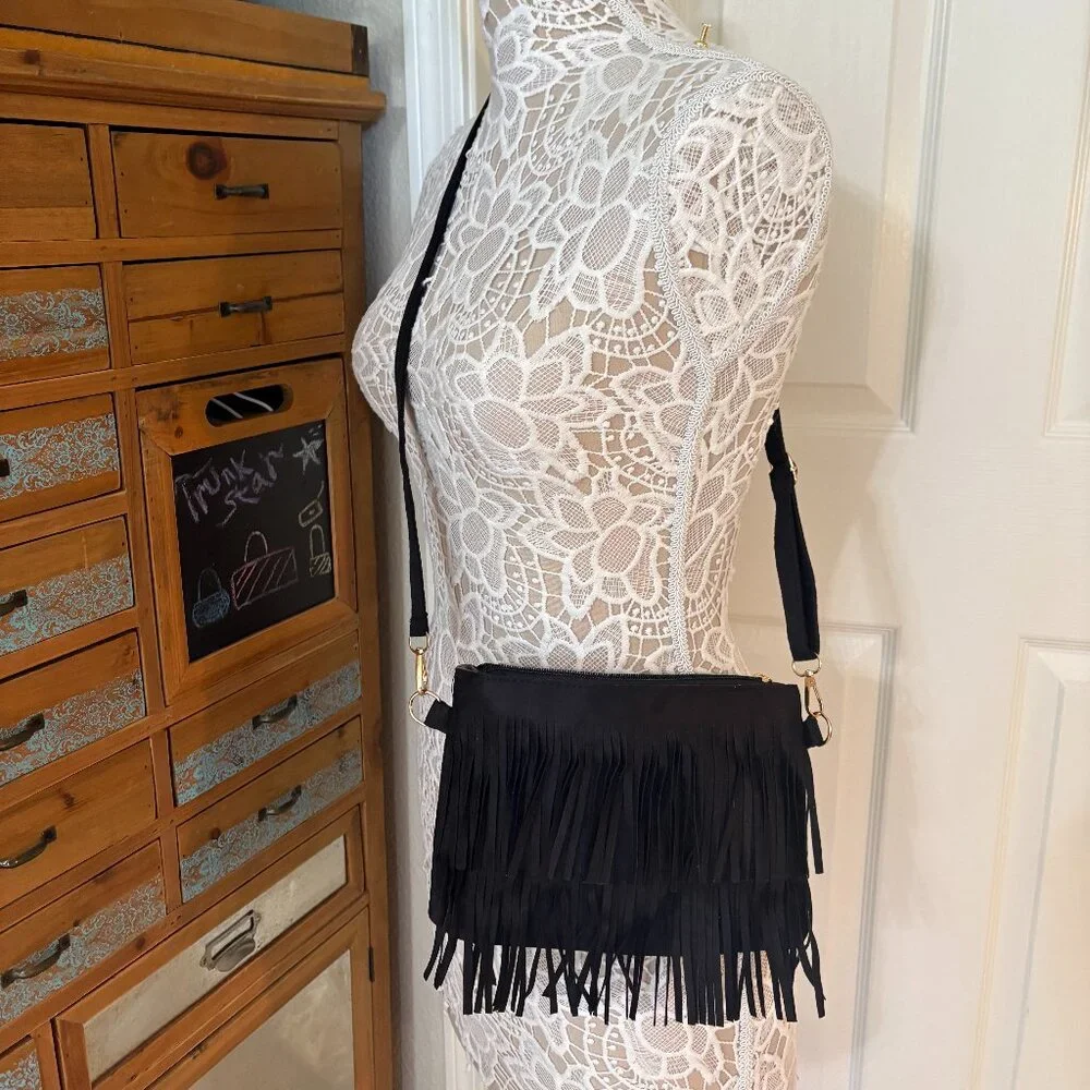 Fringe/ Two Tiered Tassel Shoulder/ Crossbody Bag/ Purse - Black - 70's - NWT
